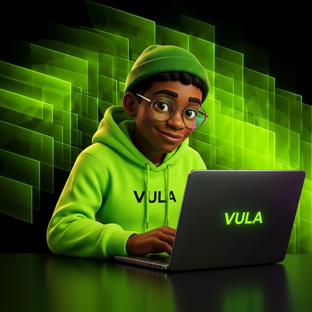 VULA South African Student working on laptop with neon green hoodie